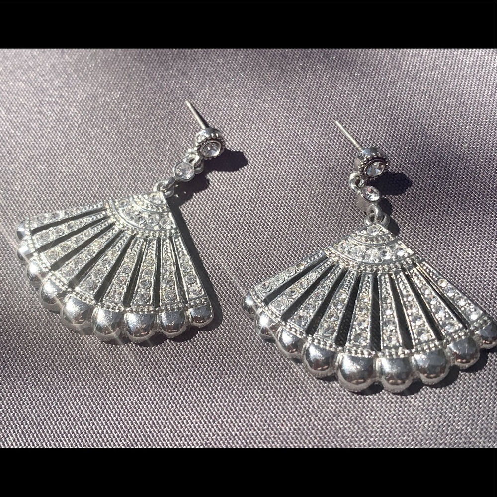 Silver fan shaped earrings with CZ stones